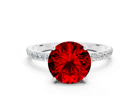 White gold Round Cut Ruby Solitaire Ring with Pave Band and Four Prong Setting_24