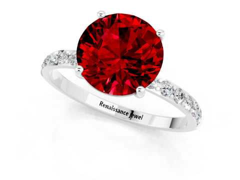 White gold Round Cut Ruby Solitaire Ring with Pave Band and Four Prong Setting_25