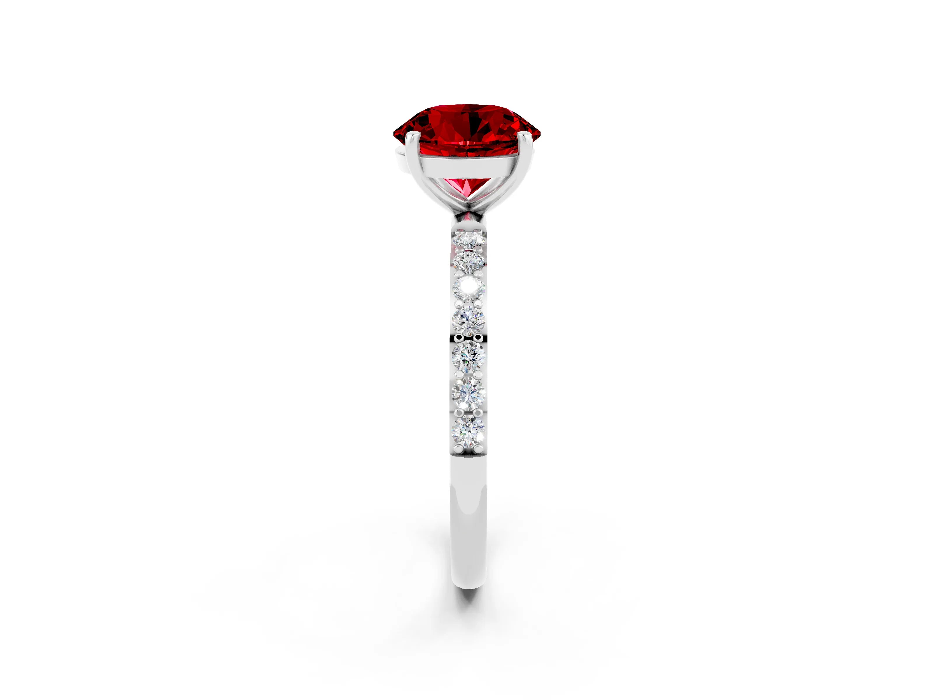 White gold Round Cut Ruby Solitaire Ring with Pave Band and Four Prong Setting_26