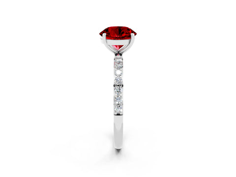 White gold Round Cut Ruby Solitaire Ring with Pave Band and Four Prong Setting_26