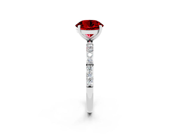 White gold Round Cut Ruby Solitaire Ring with Round  Pavé Band and Prong Setting