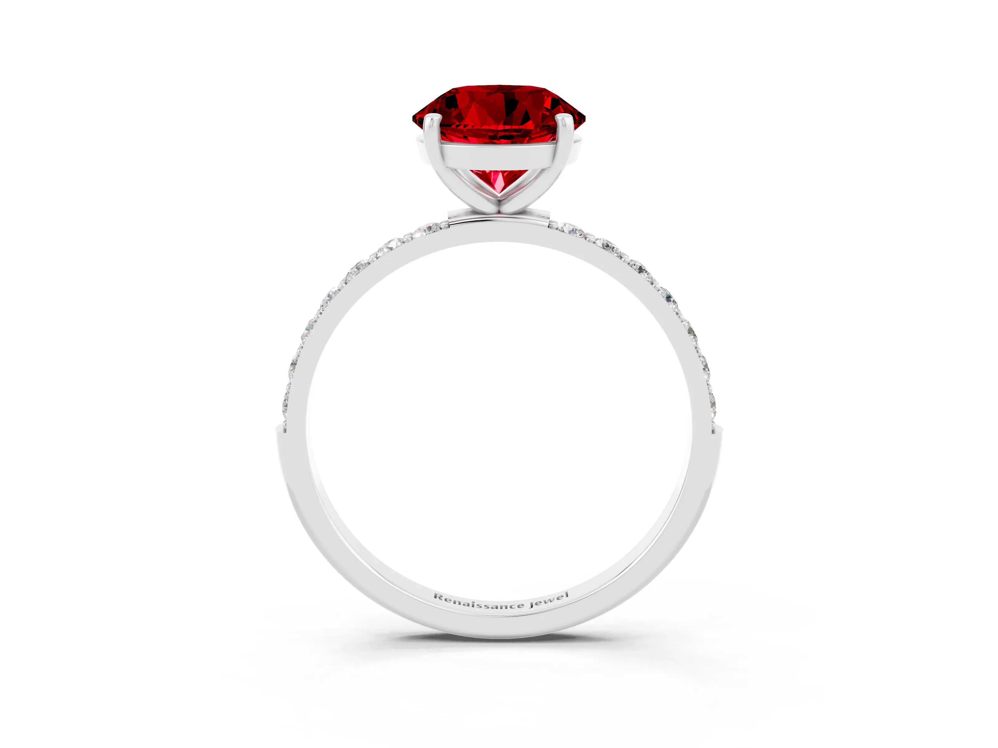 White gold Round Cut Ruby Solitaire Ring with Pave Band and Four Prong Setting_27