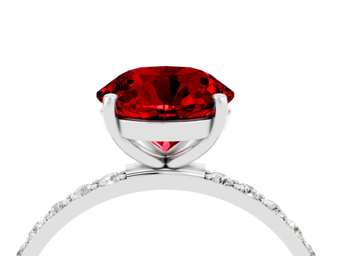 White gold Round Cut Ruby Solitaire Ring with Pave Band and Four Prong Setting_28