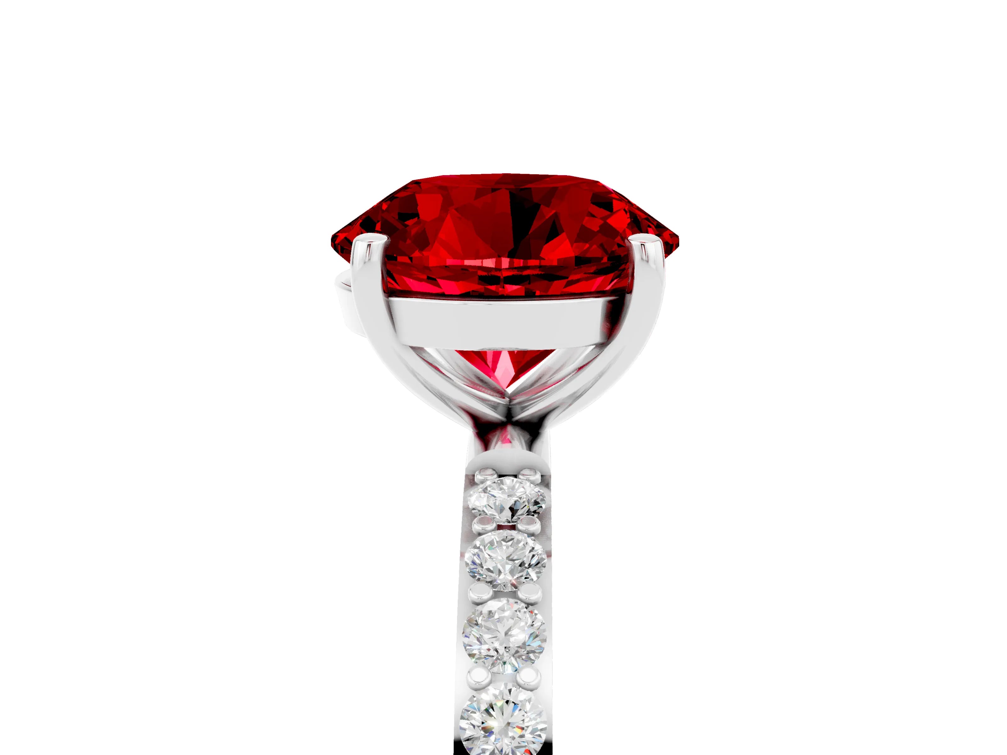 White gold Round Cut Ruby Solitaire Ring with Pave Band and Four Prong Setting_29