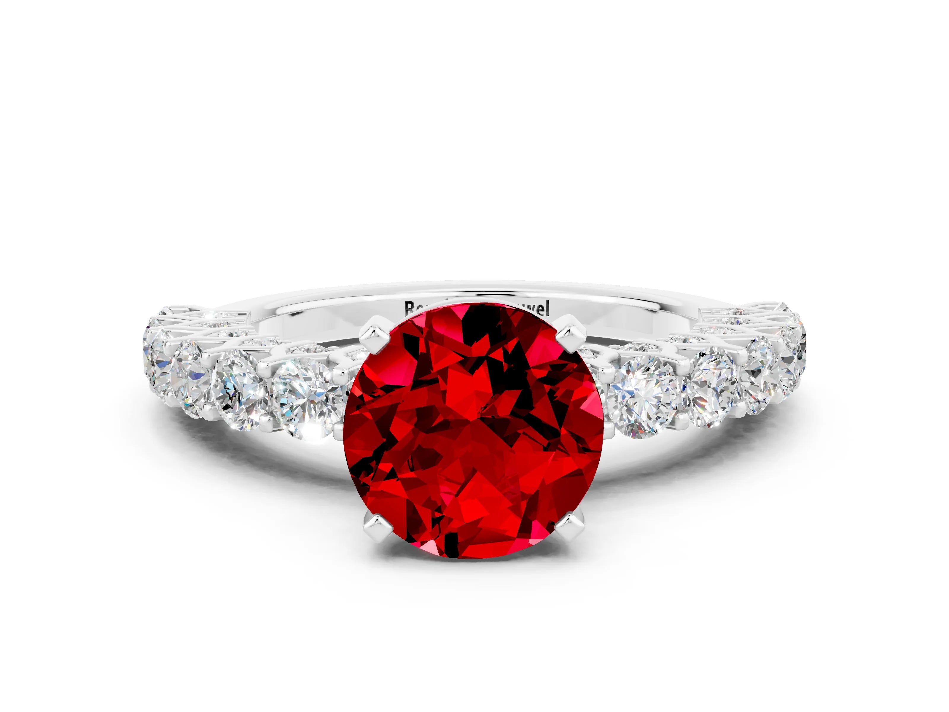White gold Round Cut Ruby Solitaire Ring with Shared Prong Pavé Band and Four-Prong Setting