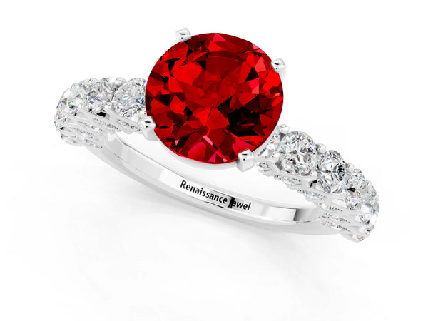 Silver Round Cut Ruby Solitaire Ring with Shared Prong Pavé Band and Four-Prong Setting