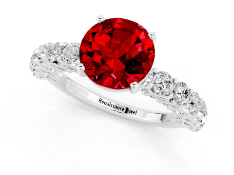 White gold Round Cut Ruby Solitaire Ring with Shared Prong Pavé Band and Four-Prong Setting_1