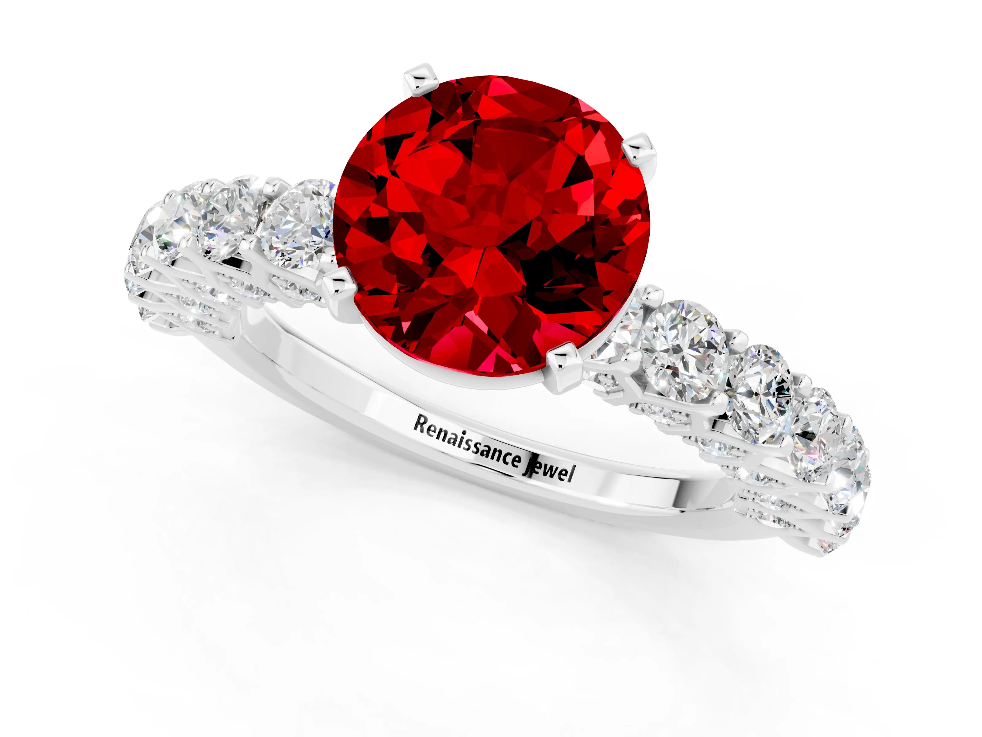 White gold Round Cut Ruby Solitaire Ring with Shared Prong Pavé Band and Four-Prong Setting_1