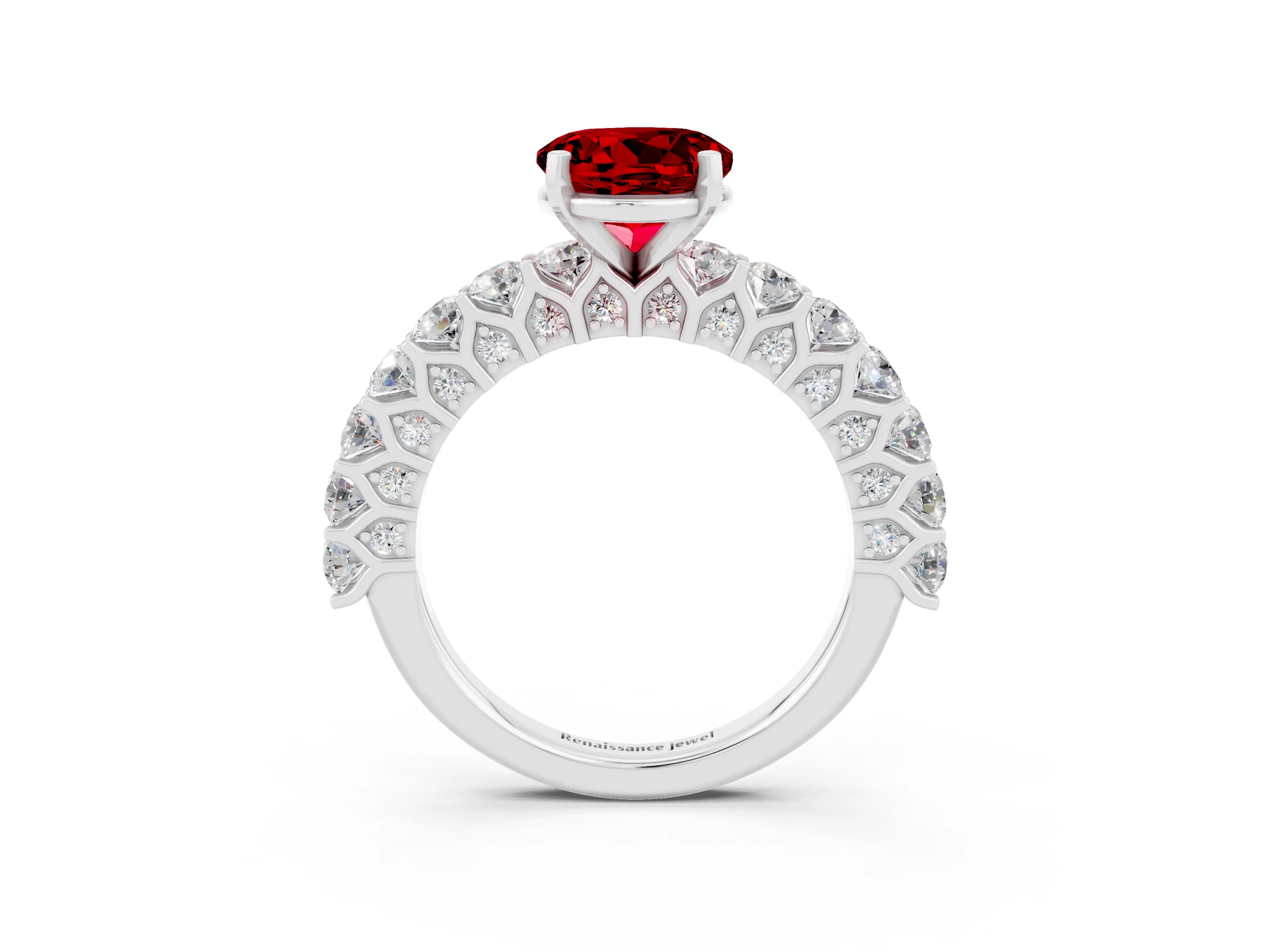 White gold Round Cut Ruby Solitaire Ring with Shared Prong Pavé Band and Four-Prong Setting_3