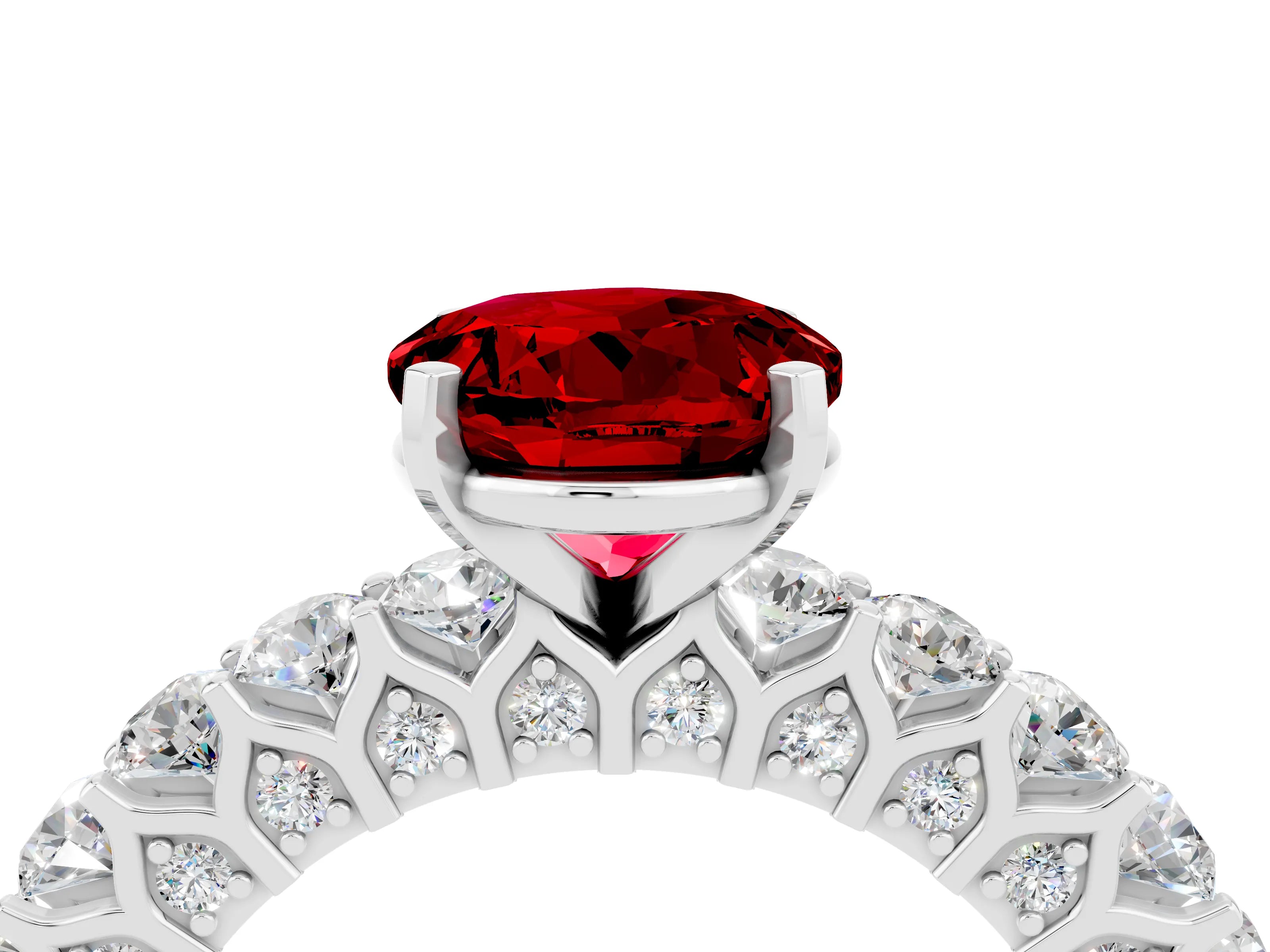 White gold Round Cut Ruby Solitaire Ring with Shared Prong Pavé Band and Four-Prong Setting_4