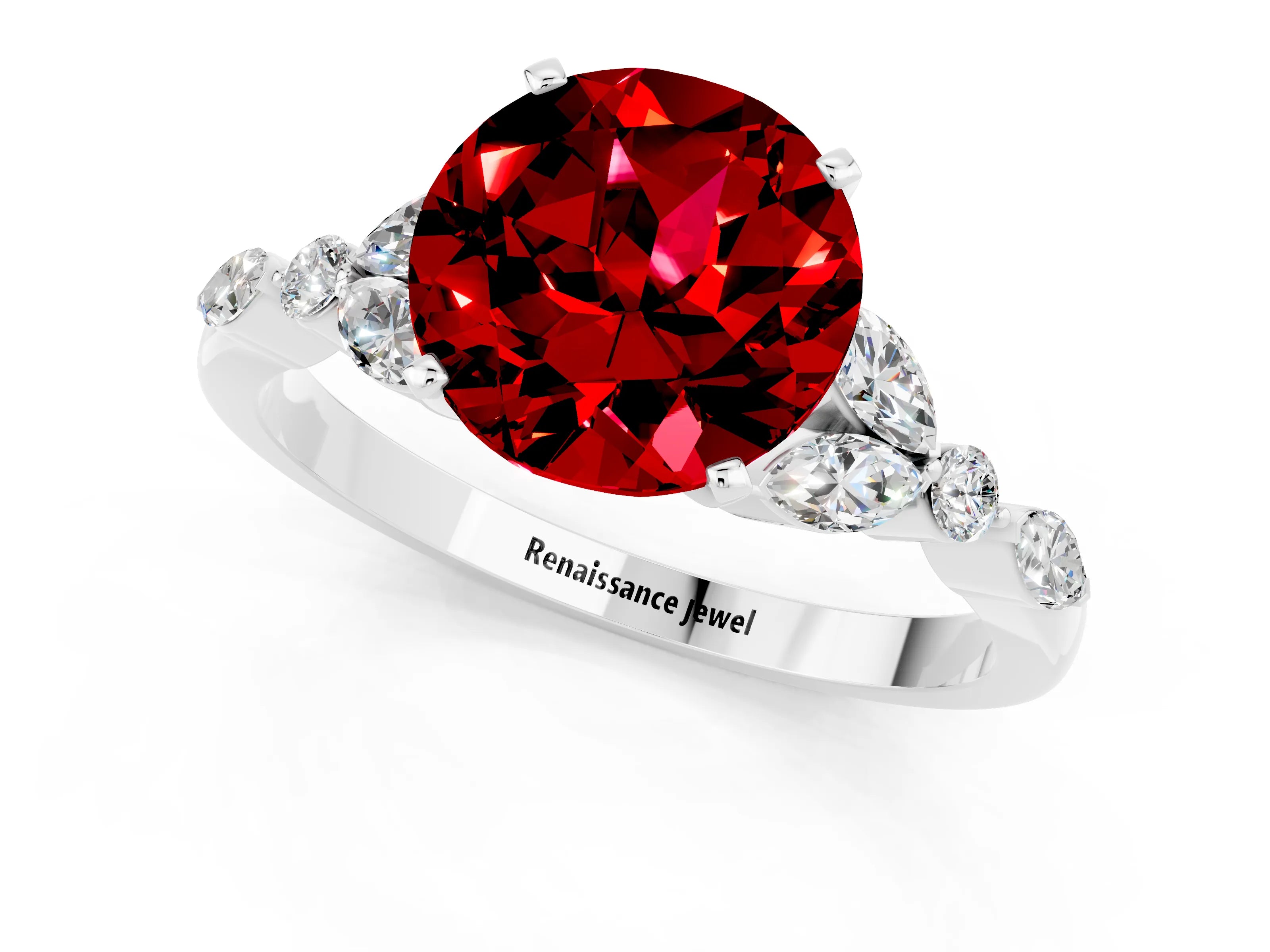 White gold Round Cut Ruby Solitaire Ring with Side Stones and Four-Prong Setting_13