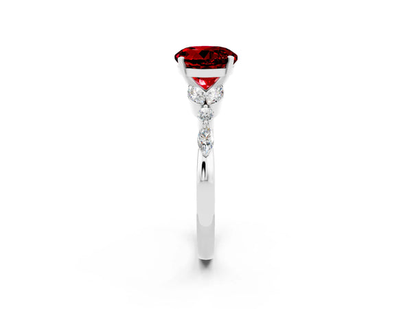 Platinum Round Cut Ruby Solitaire Ring with Side Stones and Four-Prong Setting