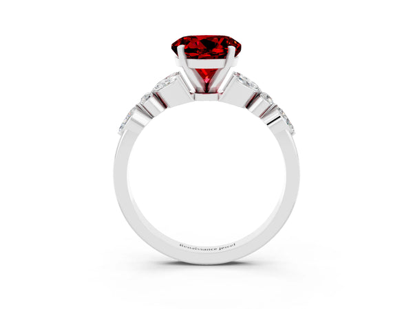 Platinum Round Cut Ruby Solitaire Ring with Side Stones and Four-Prong Setting