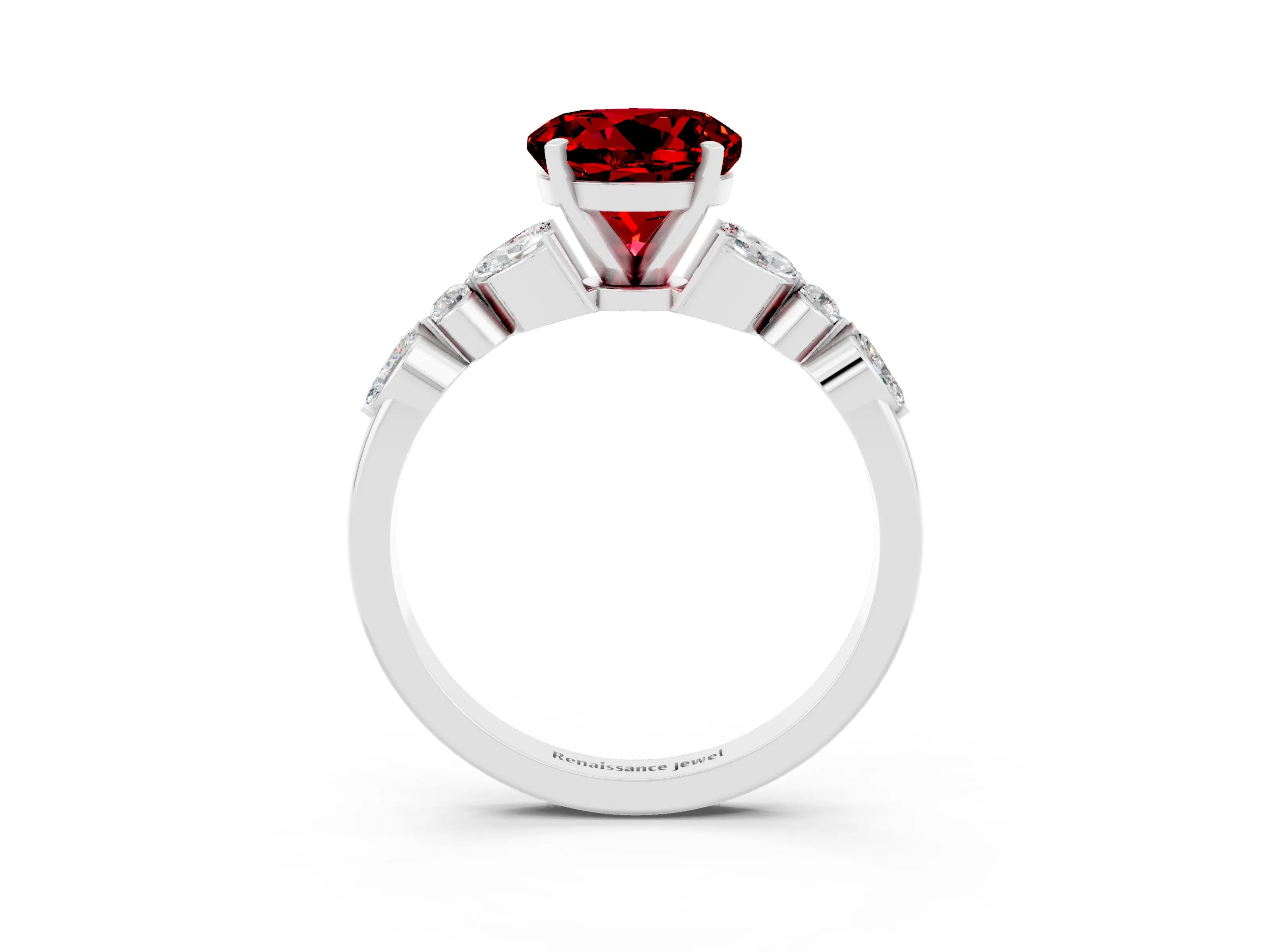 White gold Round Cut Ruby Solitaire Ring with Side Stones and Four-Prong Setting_15