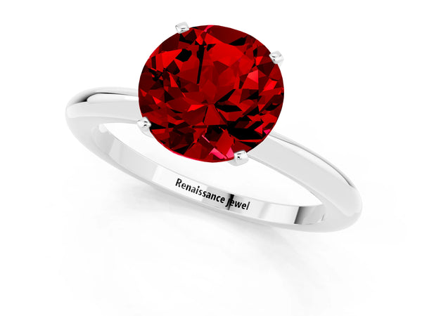 Platinum Round Cut Ruby Solitaire Ring with Six-Prong Setting and Classic Band
