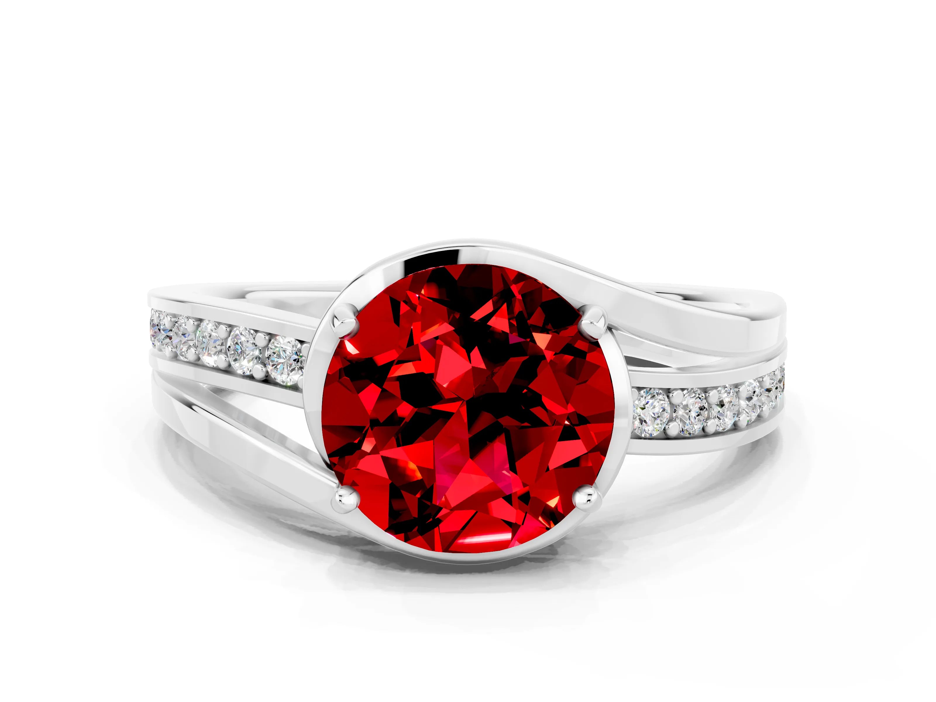 White gold Round Cut Ruby Solitaire Ring with Split Shank and Prong Setting