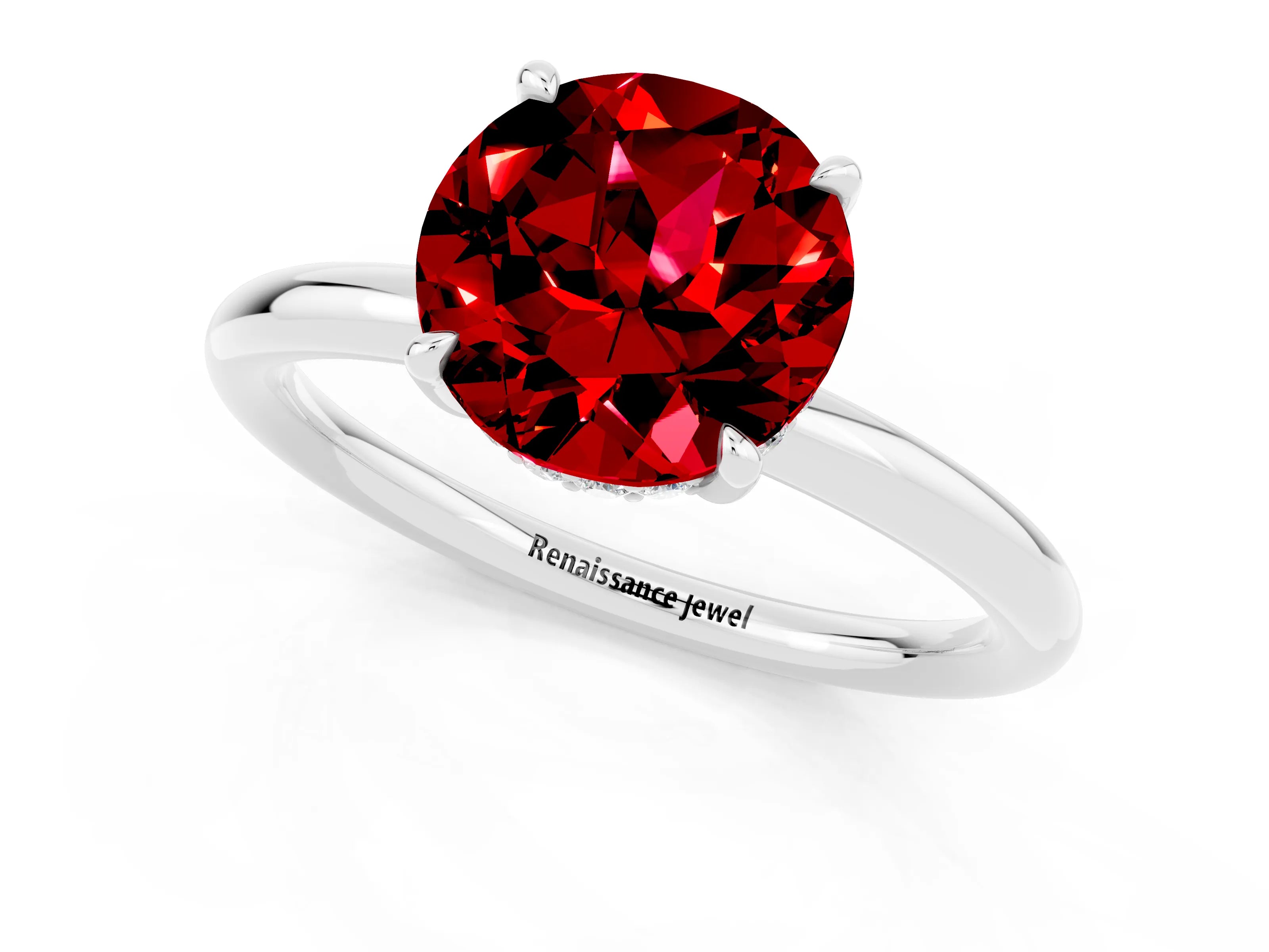 White gold Round Cut Ruby Solitaire Ring with Thin Band and Four-Prong Setting_13