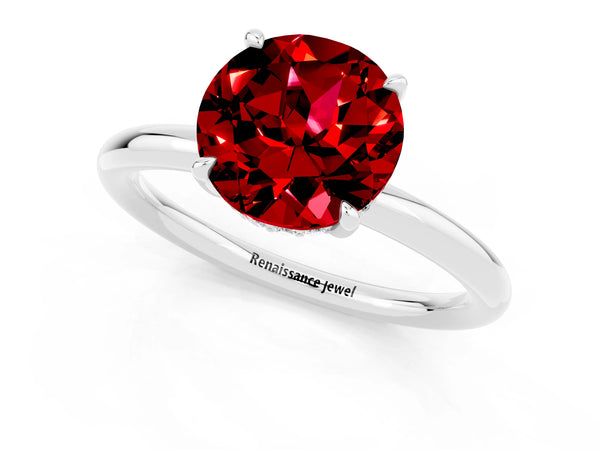 Platinum Round Cut Ruby Solitaire Ring with Thin Band and Four-Prong Setting