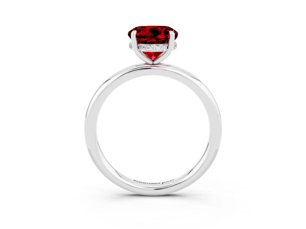 Silver Round Cut Ruby Solitaire Ring with Thin Band and Four-Prong Setting