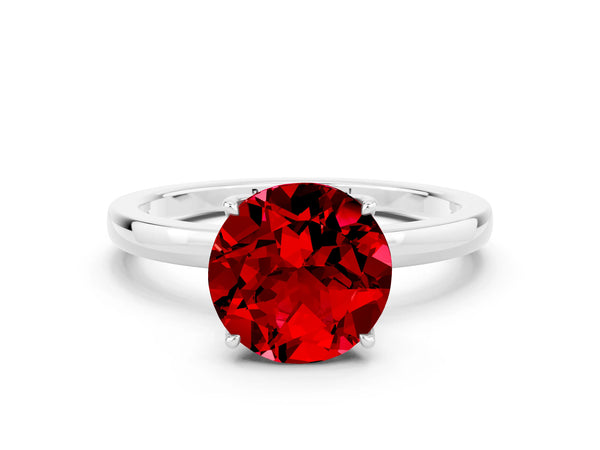 Platinum Round Cut Ruby Solitaire Ring with Thin Band and Prong Setting