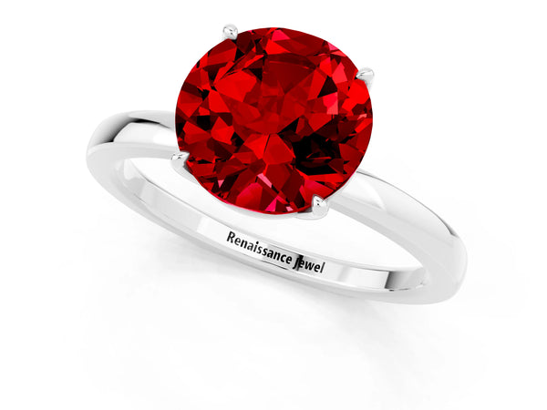 White gold Round Cut Ruby Solitaire Ring with Thin Band and Prong Setting