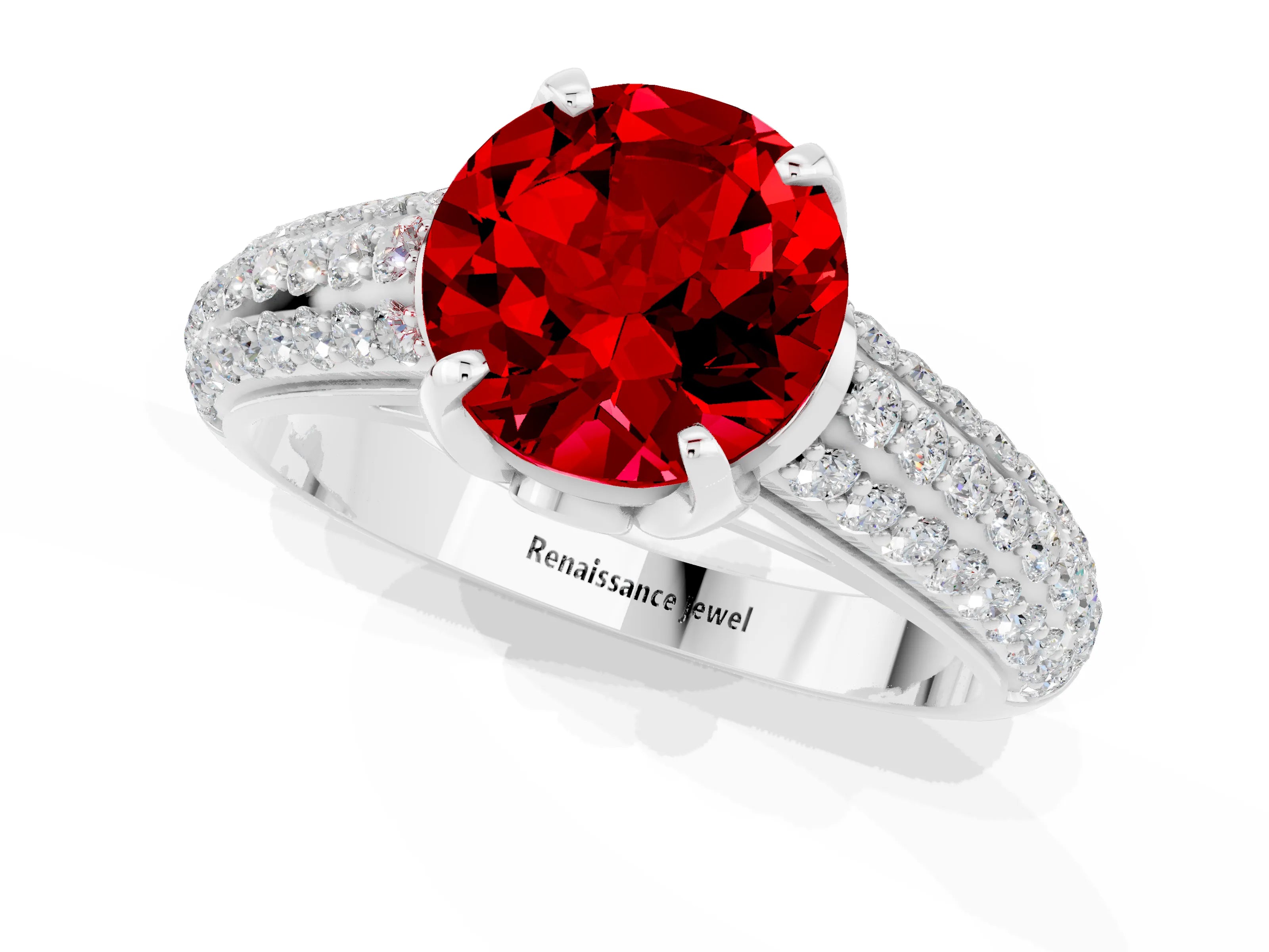 White gold Round Cut Ruby Solitaire Ring with Three-Row Pavé Band and Four-Prong Setting_13