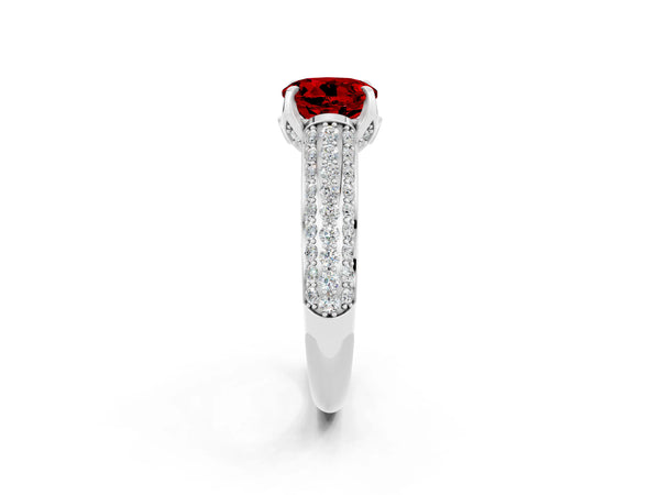 Silver Round Cut Ruby Solitaire Ring with Three-Row Pavé Band and Four-Prong Setting