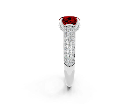 White gold Round Cut Ruby Solitaire Ring with Three-Row Pavé Band and Four-Prong Setting_14
