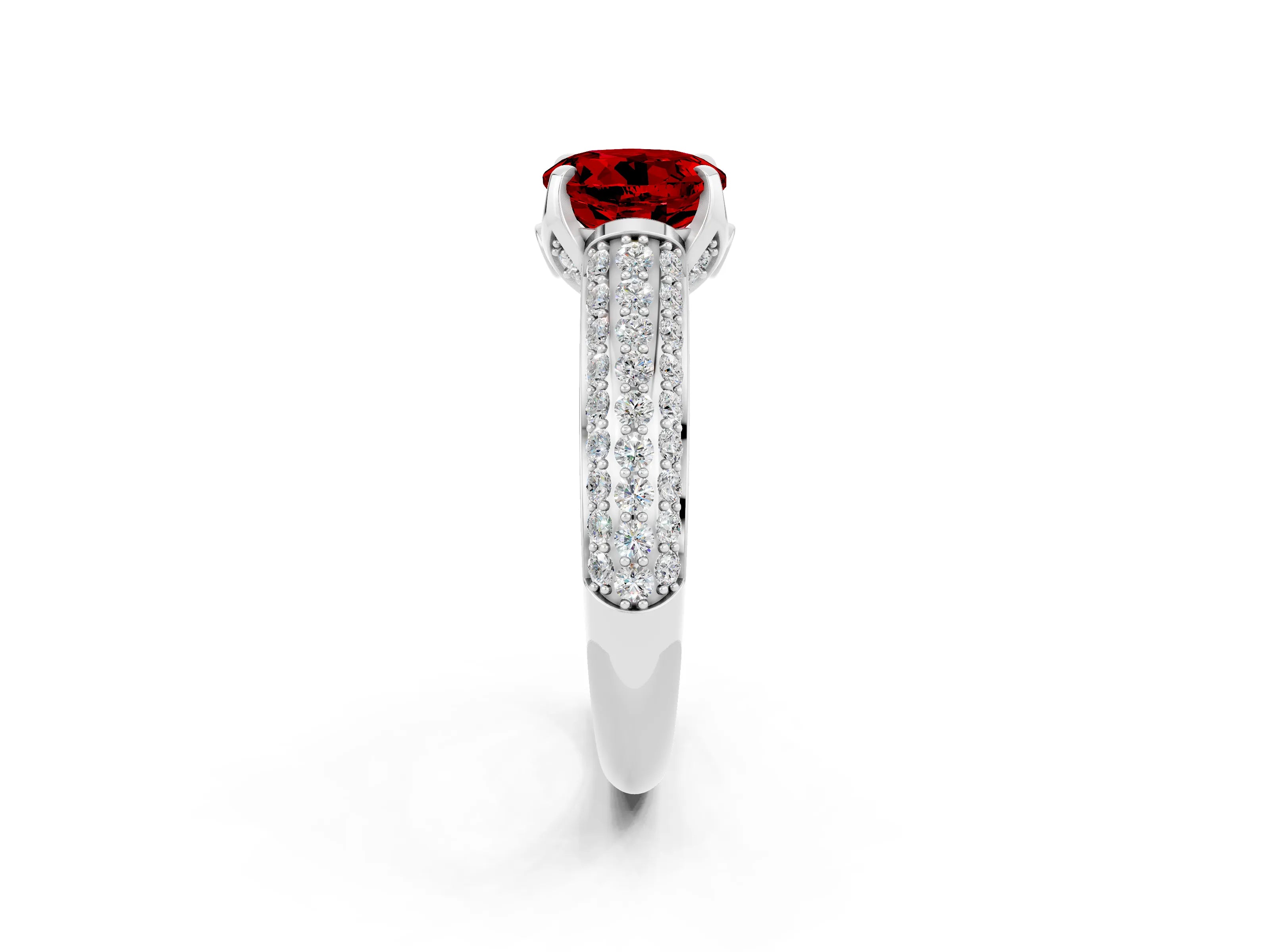 White gold Round Cut Ruby Solitaire Ring with Three-Row Pavé Band and Four-Prong Setting_14