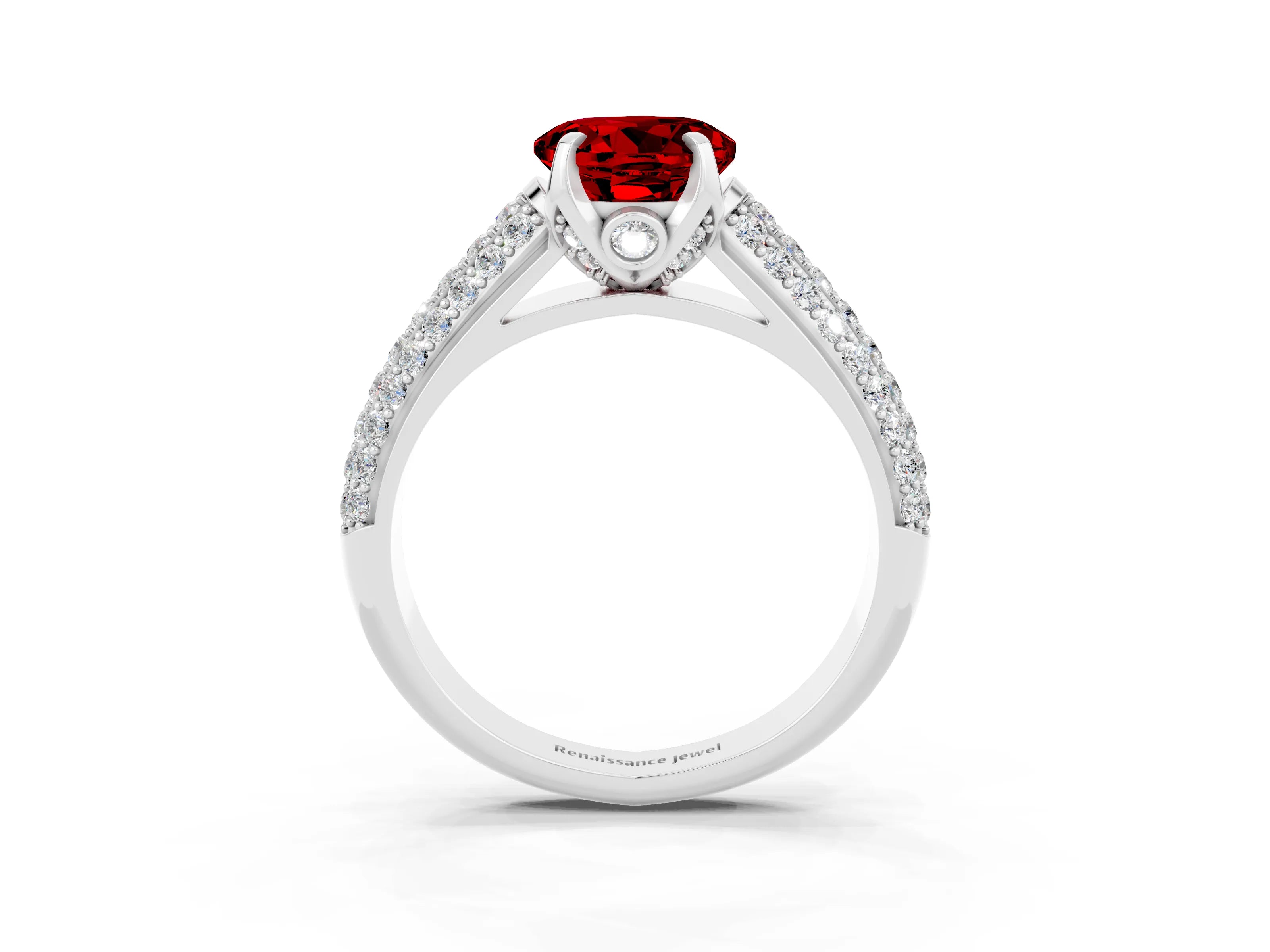 White gold Round Cut Ruby Solitaire Ring with Three-Row Pavé Band and Four-Prong Setting_15