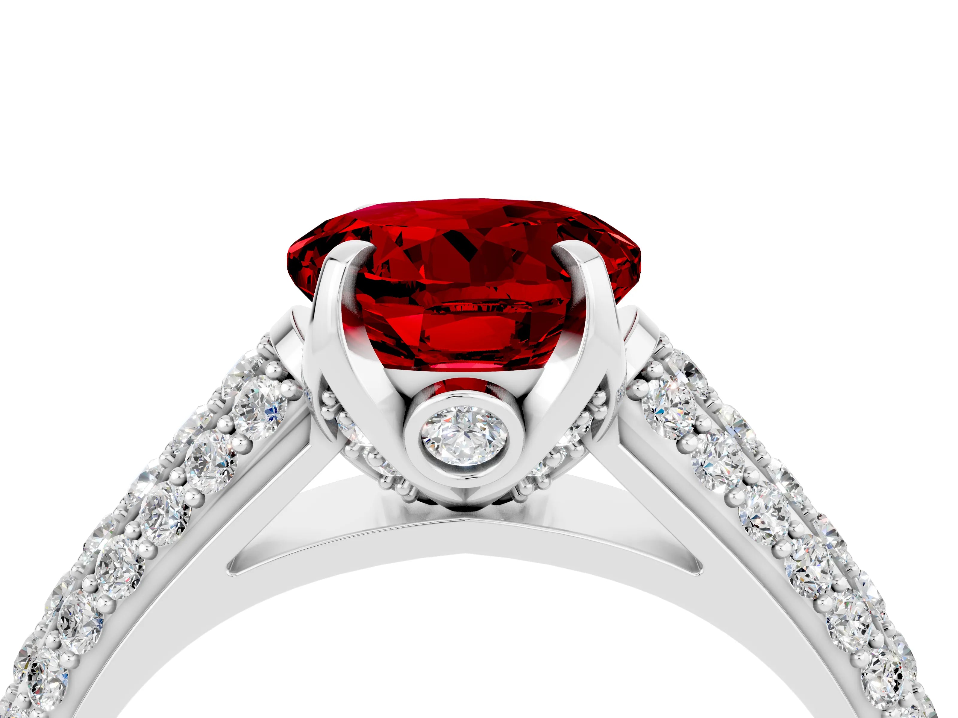 White gold Round Cut Ruby Solitaire Ring with Three-Row Pavé Band and Four-Prong Setting_16