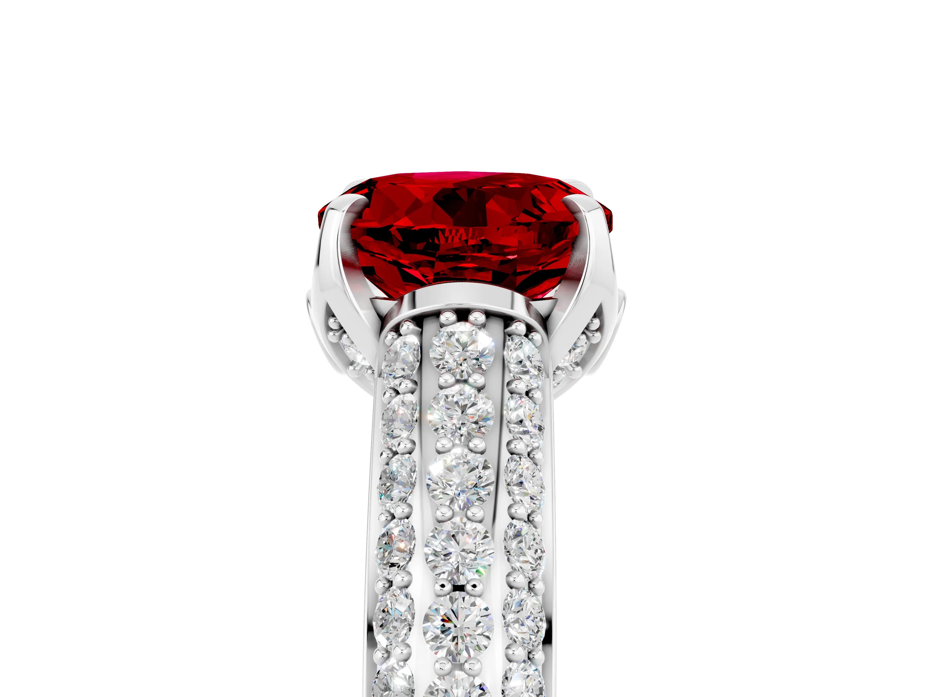 White gold Round Cut Ruby Solitaire Ring with Three-Row Pavé Band and Four-Prong Setting_17