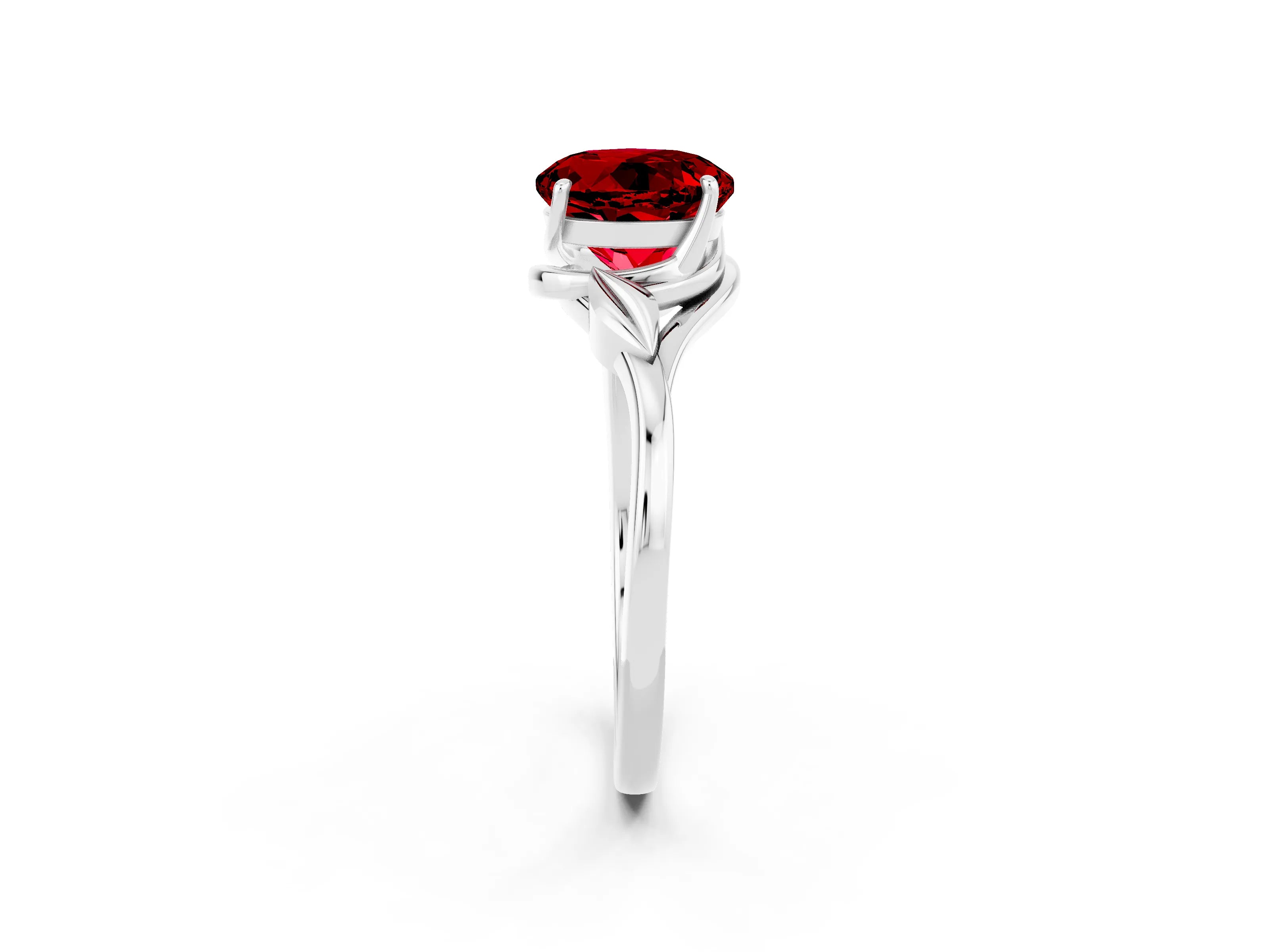 White gold Round Cut Ruby Solitaire Ring with Twist Band and Four-Prong Setting_14