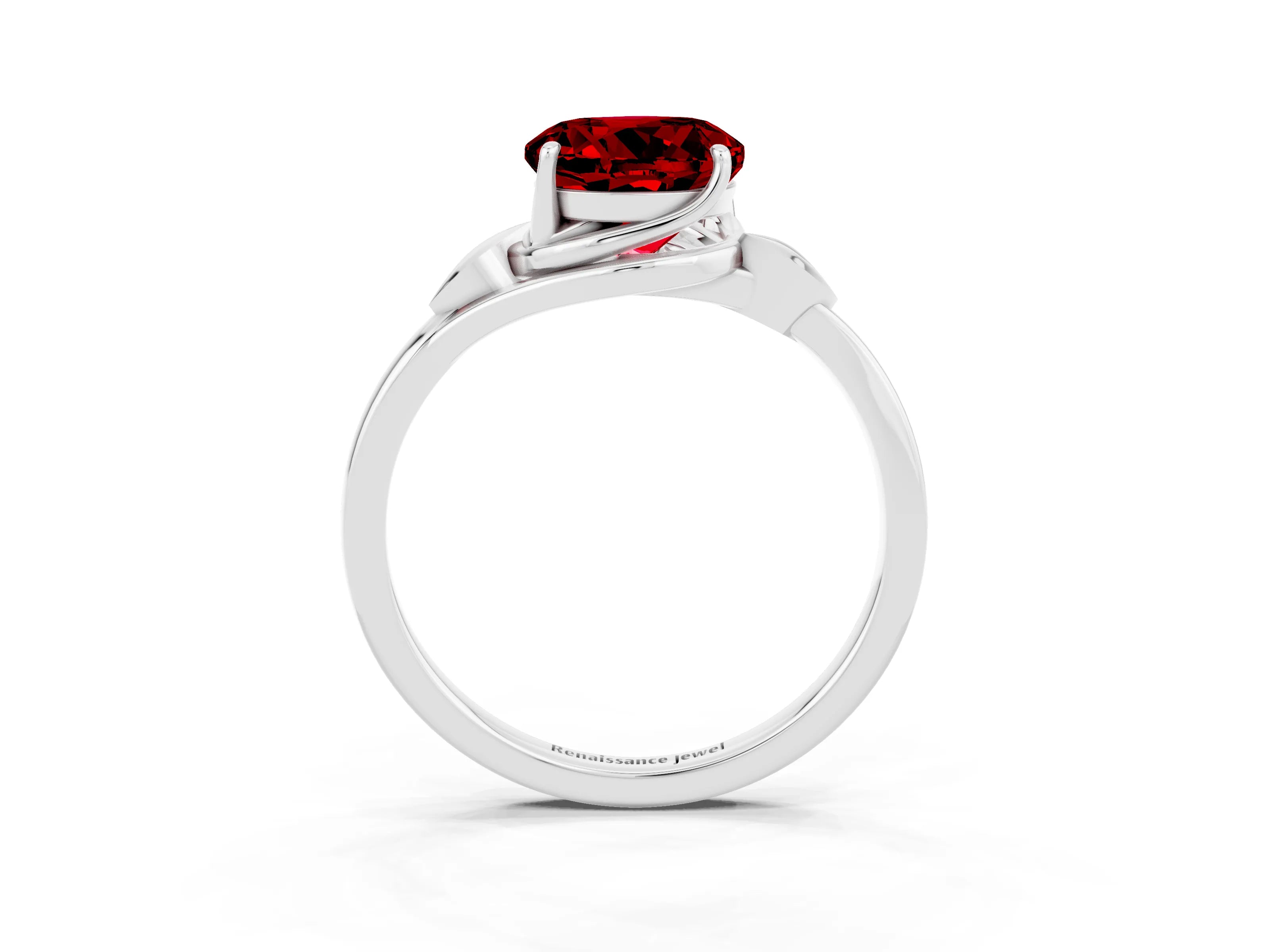 White gold Round Cut Ruby Solitaire Ring with Twist Band and Four-Prong Setting_15