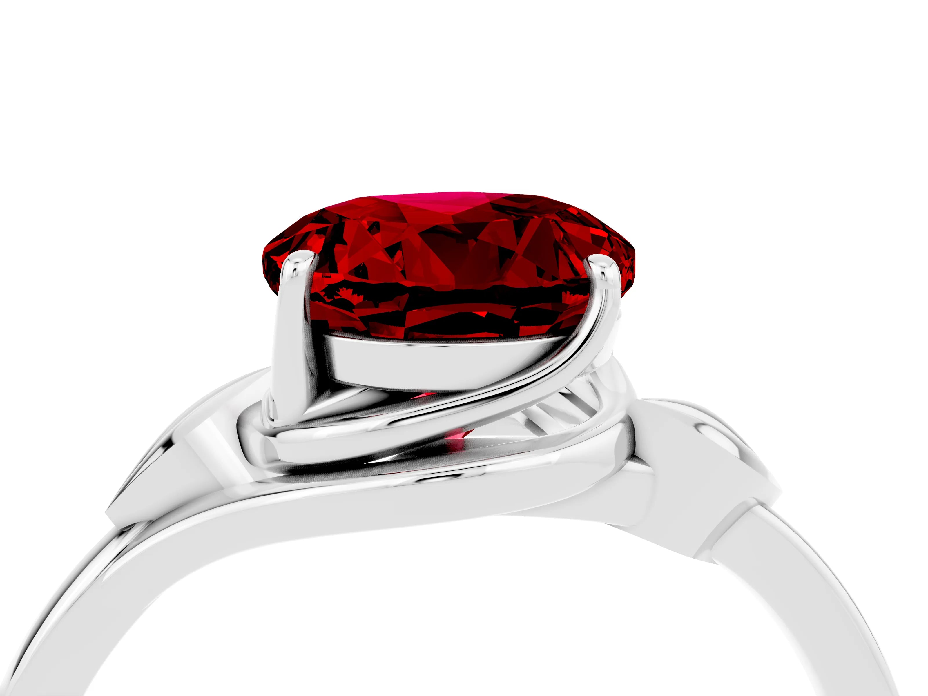 White gold Round Cut Ruby Solitaire Ring with Twist Band and Four-Prong Setting_16