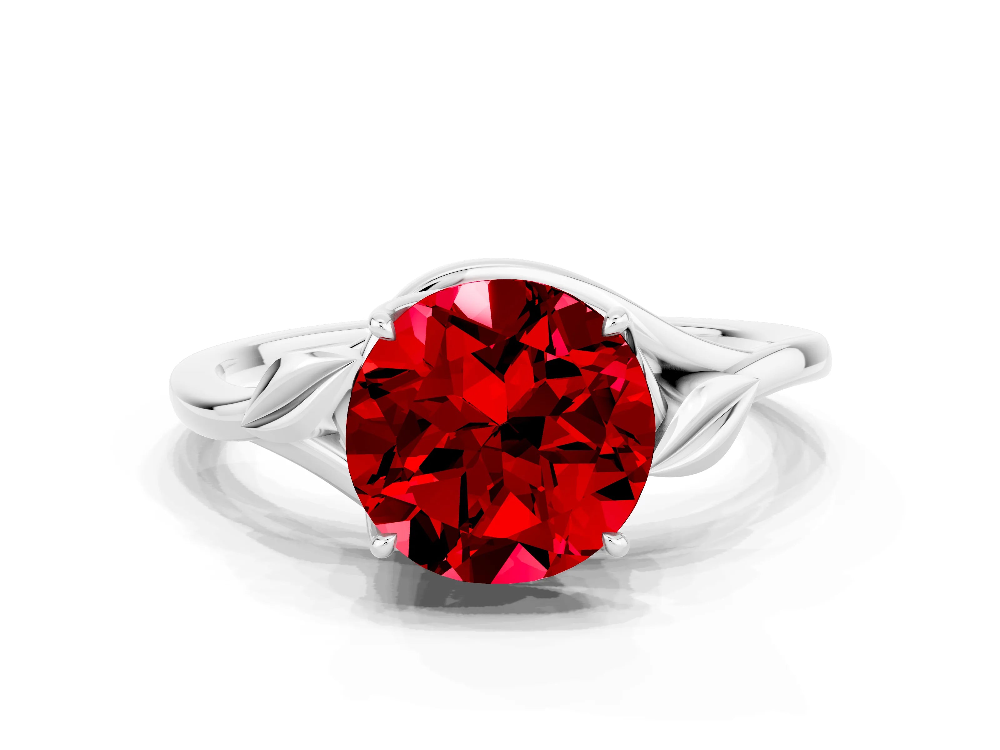 White gold Round Cut Ruby Solitaire Ring with Twist Band and Four-Prong Setting_36