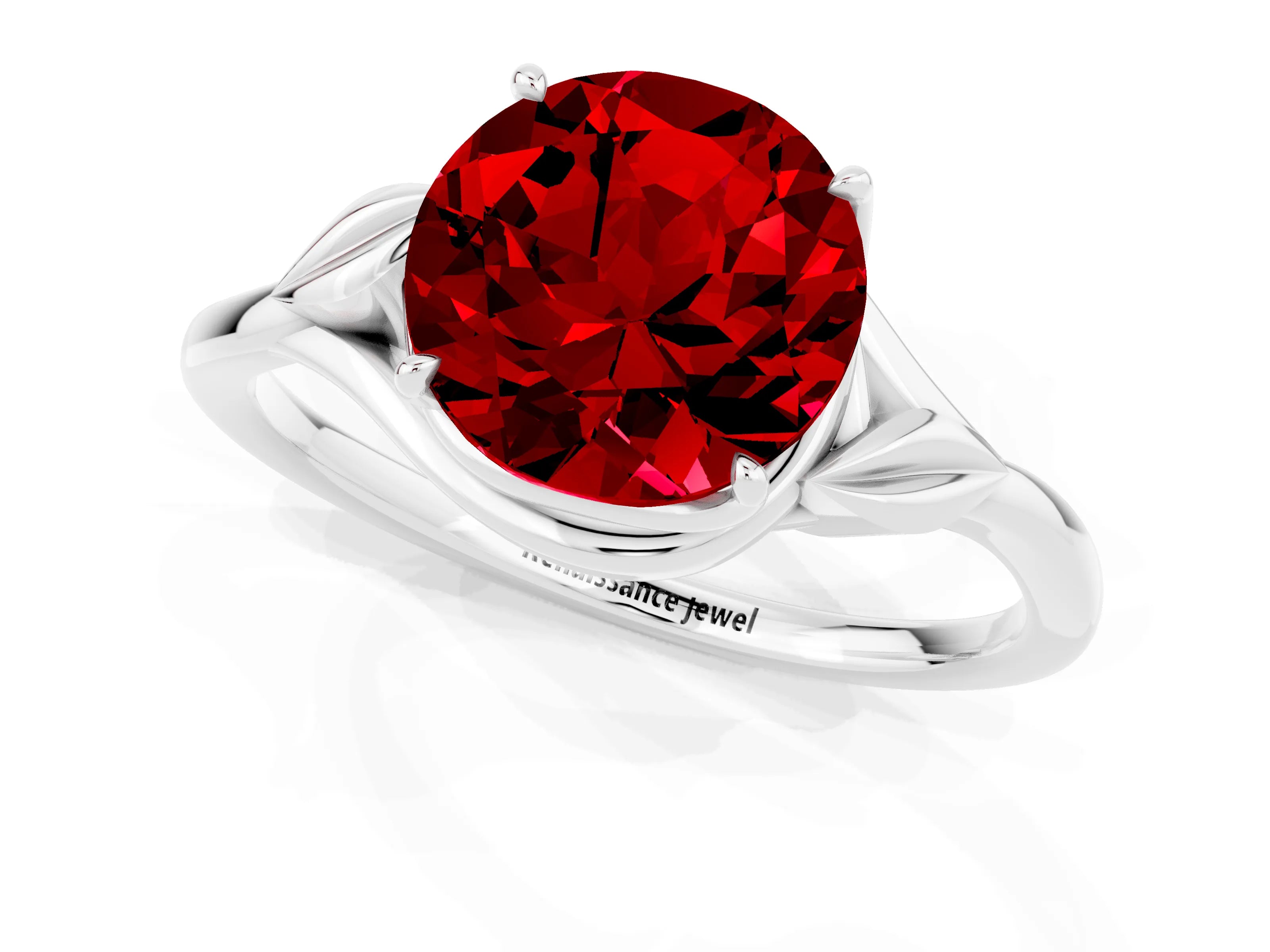 White gold Round Cut Ruby Solitaire Ring with Twist Band and Four-Prong Setting_37