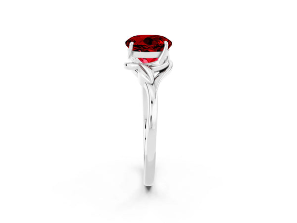 White gold Round Cut Ruby Solitaire Ring with Twist Band and Four-Prong Setting