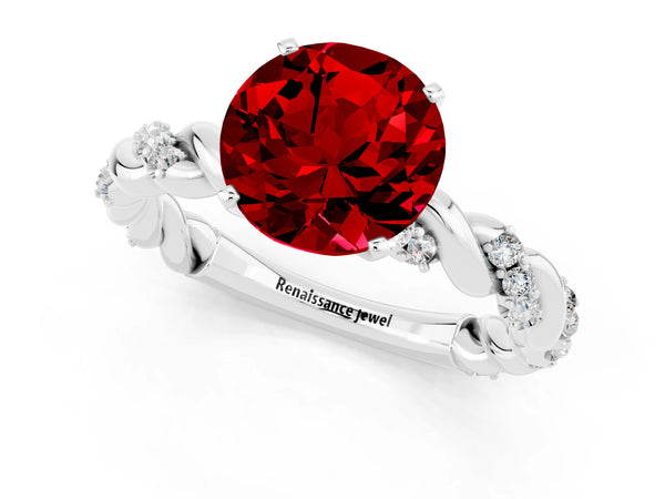 Platinum Round Cut Ruby Solitaire Ring with Twisted Band and Pavé Accents