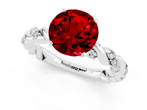 White gold Round Cut Ruby Solitaire Ring with Twisted Band and Pavé Accents_1