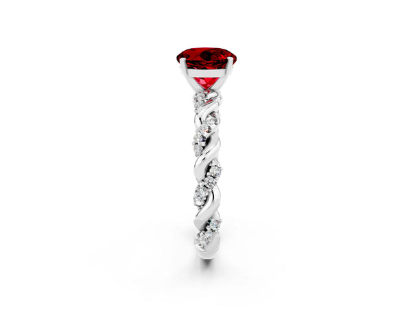 Platinum Round Cut Ruby Solitaire Ring with Twisted Band and Pavé Accents