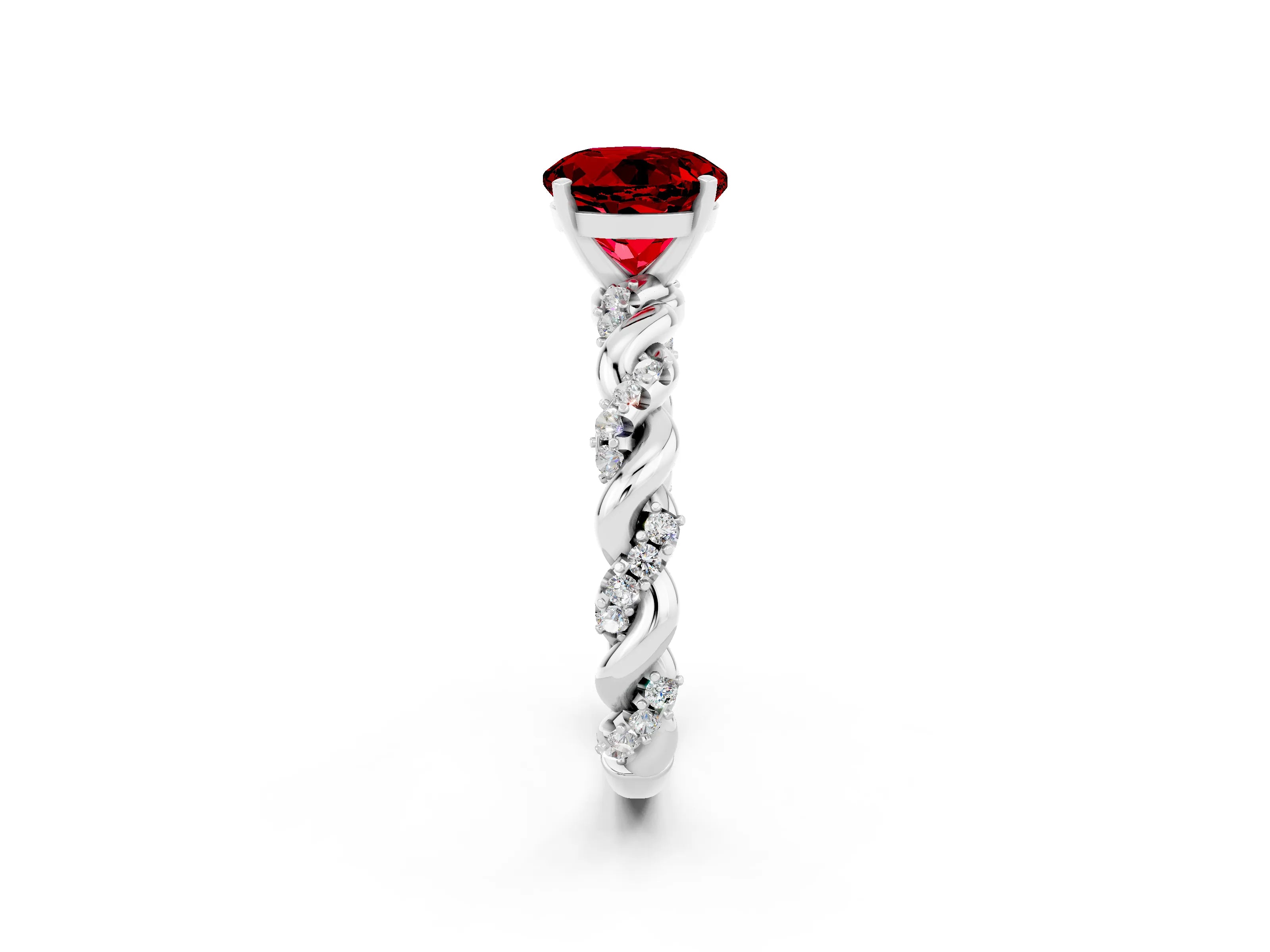White gold Round Cut Ruby Solitaire Ring with Twisted Band and Pavé Accents_2
