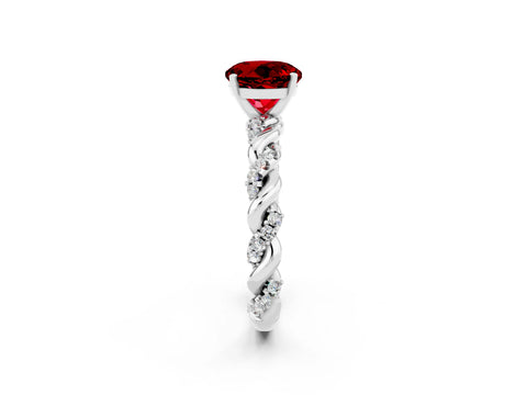 White gold Round Cut Ruby Solitaire Ring with Twisted Band and Pavé Accents_2