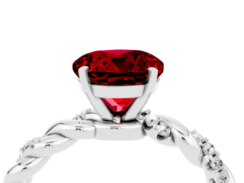 White gold Round Cut Ruby Solitaire Ring with Twisted Band and Pavé Accents_4