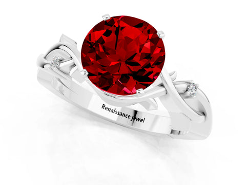 White gold Round Cut Ruby Solitaire Ring with Twisted Band and Prong Setting_13