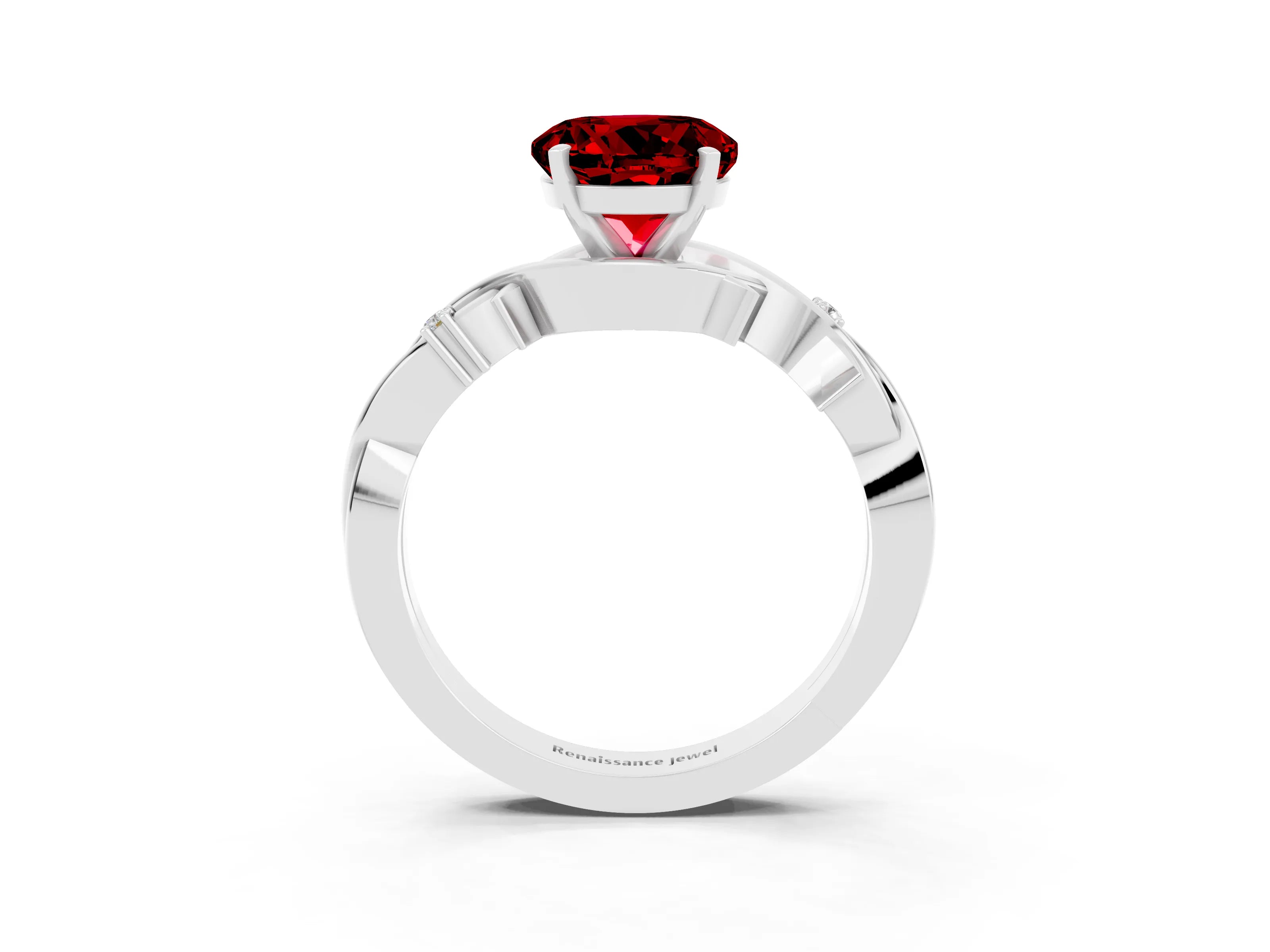 White gold Round Cut Ruby Solitaire Ring with Twisted Band and Prong Setting_15