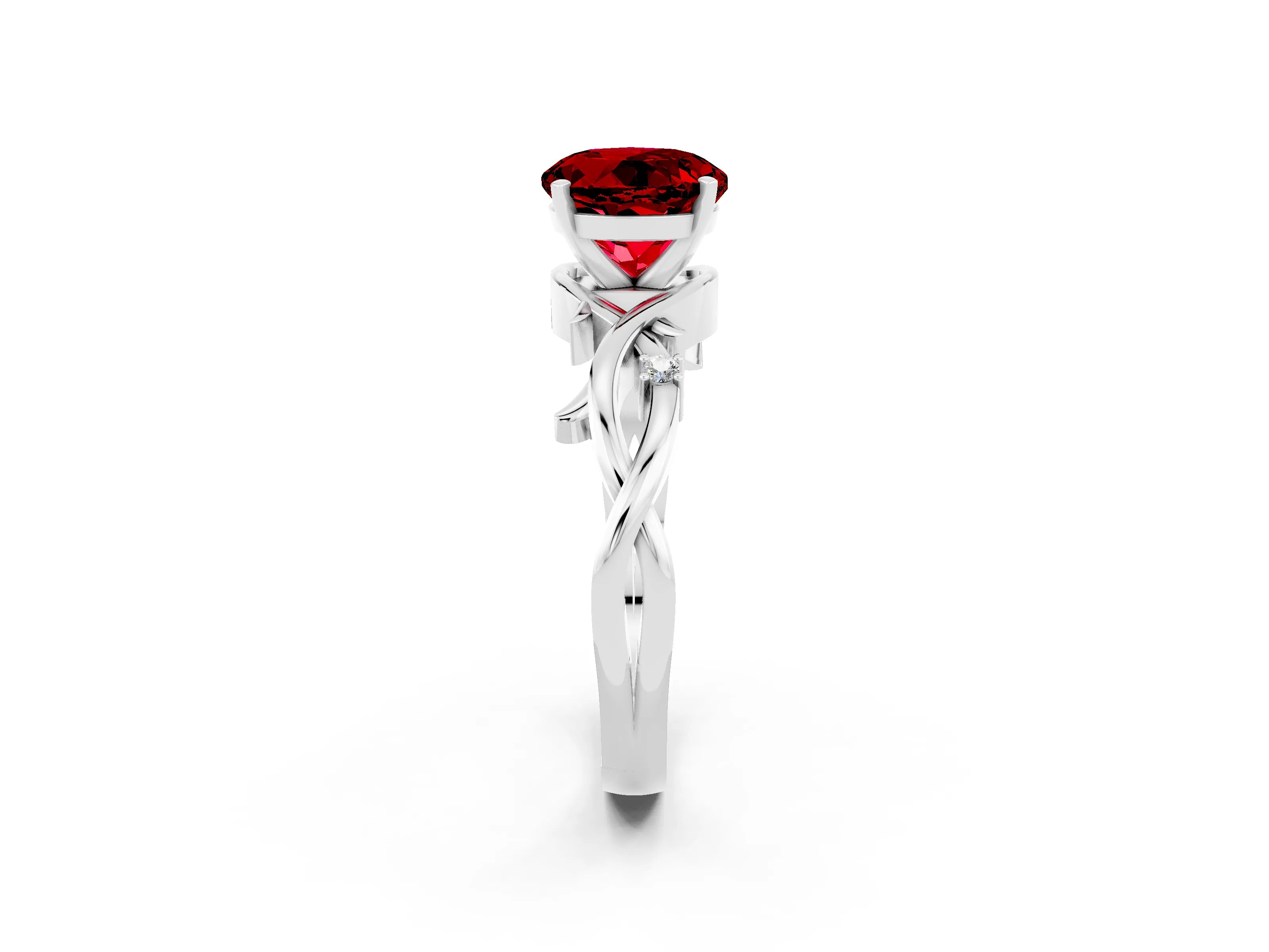 White gold Round Cut Ruby Solitaire Ring with Twisted Band and Prong Setting_2