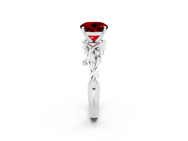 Platinum Round Cut Ruby Solitaire Ring with Twisted Band and Prong Setting