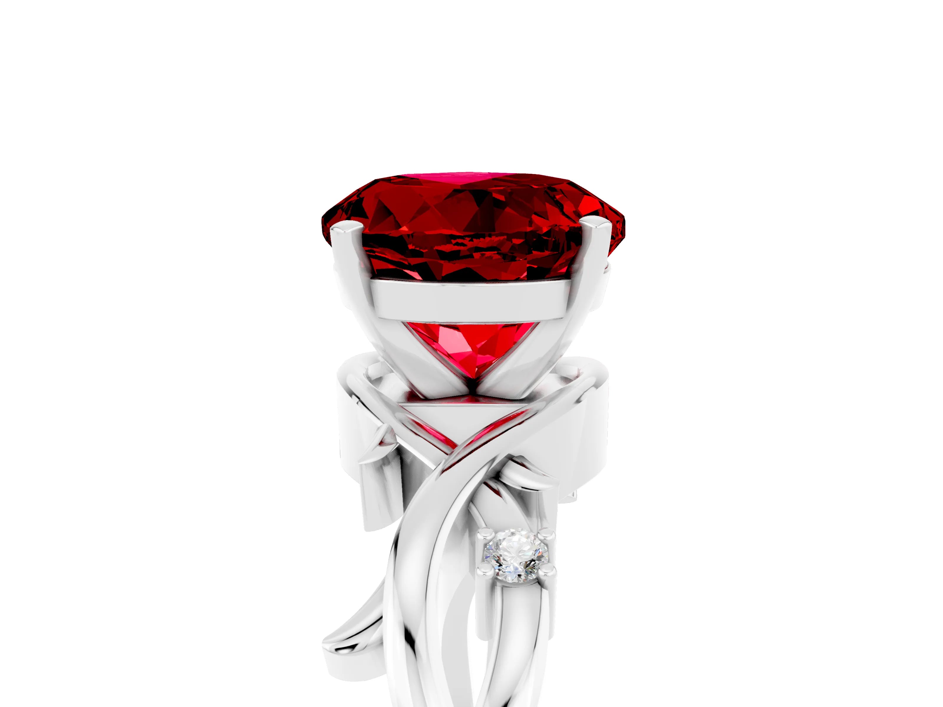 White gold Round Cut Ruby Solitaire Ring with Twisted Band and Prong Setting_5