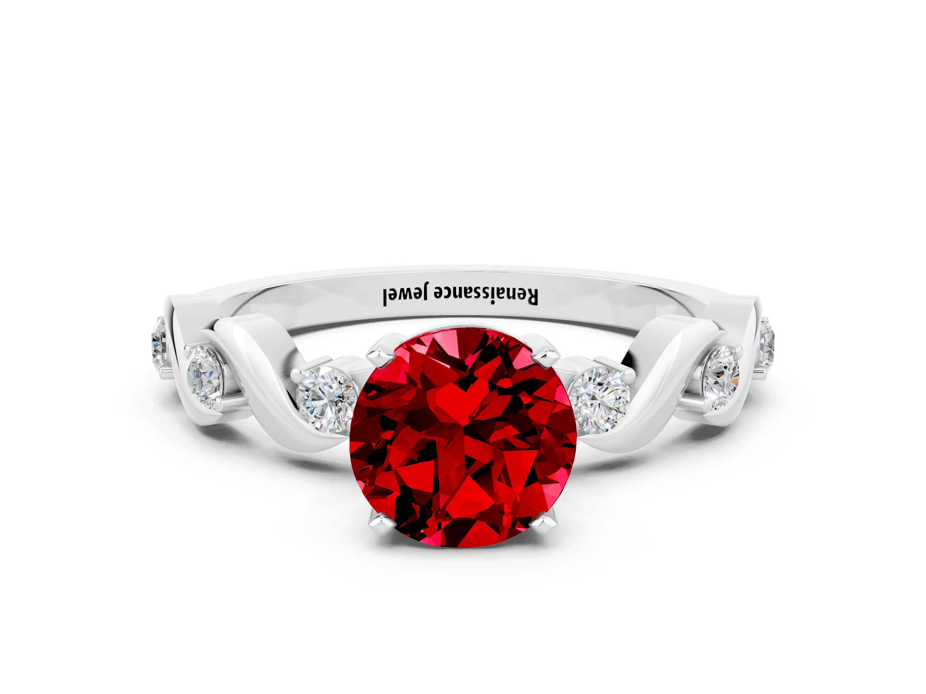 White gold Round Cut Ruby Solitaire Twisted Band with Round  Accents and Prong Setting_12